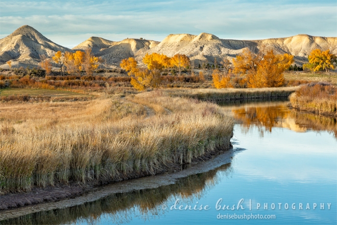A canal winds through Montrose Colorado ranch land with the Adobe Hills in the background.