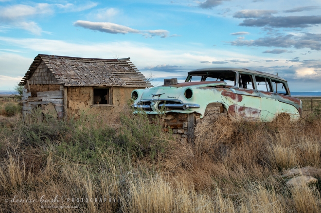An old Dodge sits on top of a foundation providing a covered storage space.