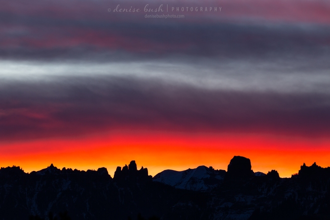 A beautiful sunrise highlights the ups and downs of the Cimarron Range near Ridgway Colorado.