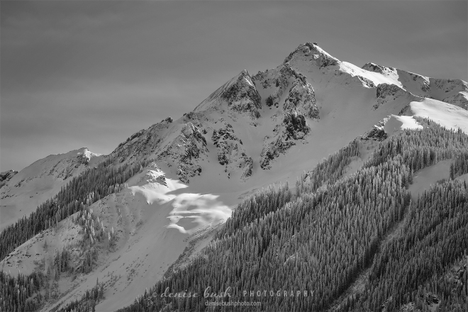 A wintry mountain peak, near Telluride Colorado makes a majestic impression in black & white.
